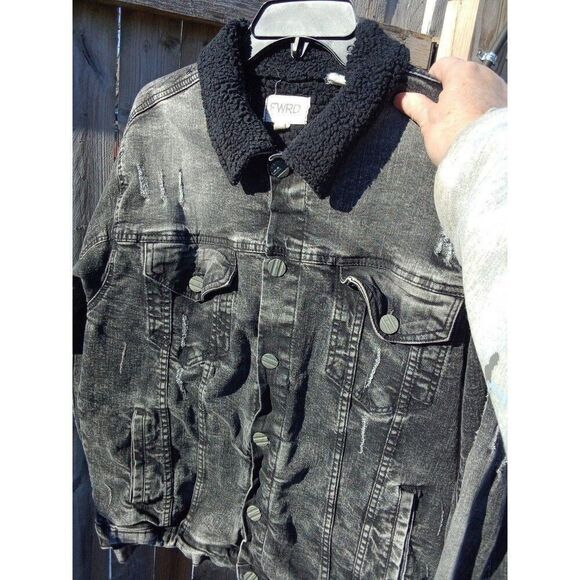 FWRD Denim Jean Jacket Black Distressed Ripped Size XL - Picture 8 of 11